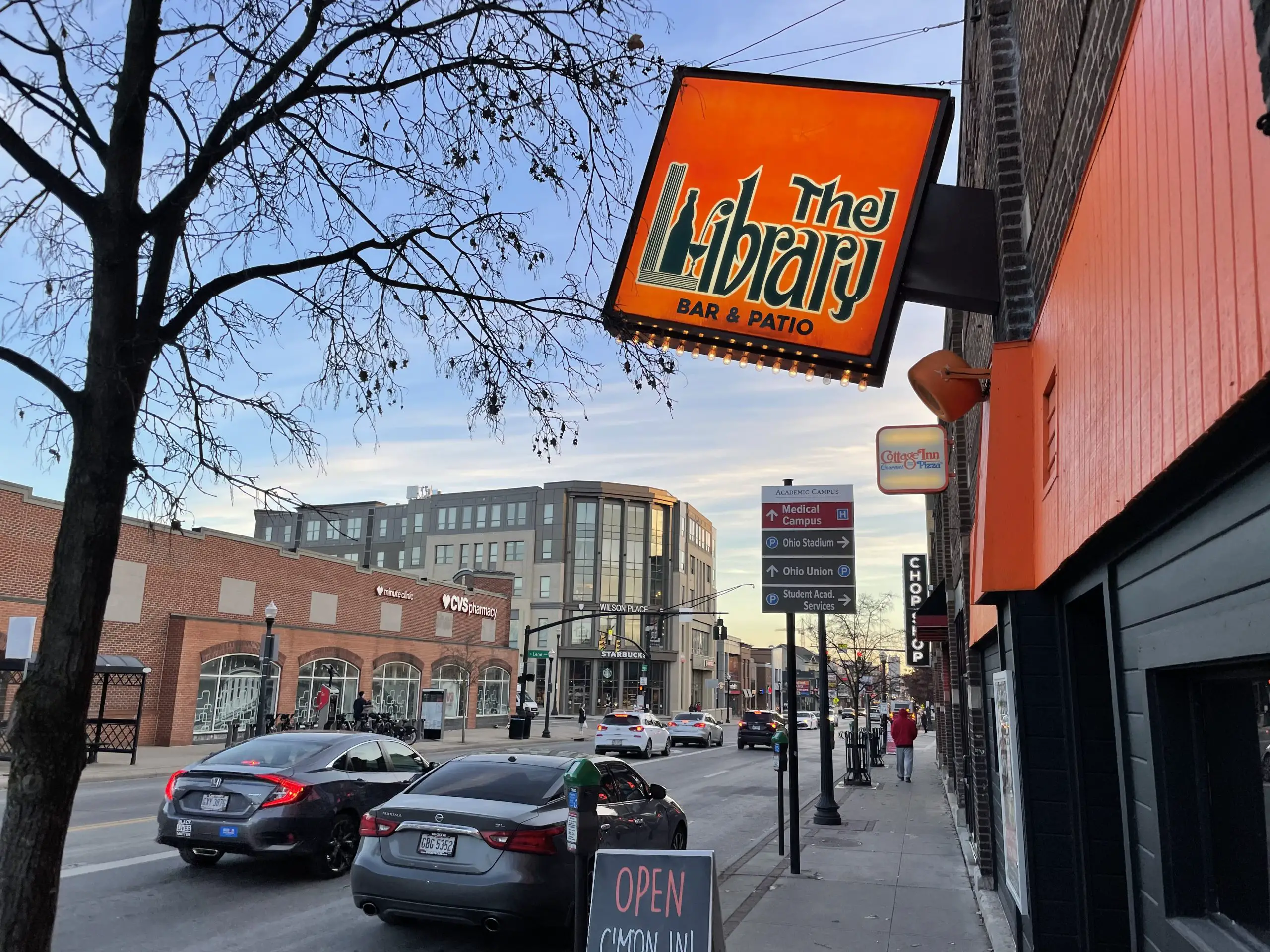 The sign in front of The Library Bar & Patio near OSU on North High Street