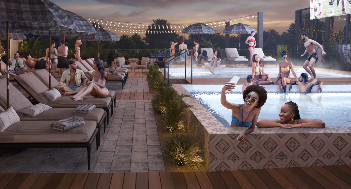 Rambler Columbus’ third floor pool deck features a jumbotron, chaise loungers, and views of OSU campus. Splash in the summer and soak in the winter, in our pair of heated pools turned hot tubs.