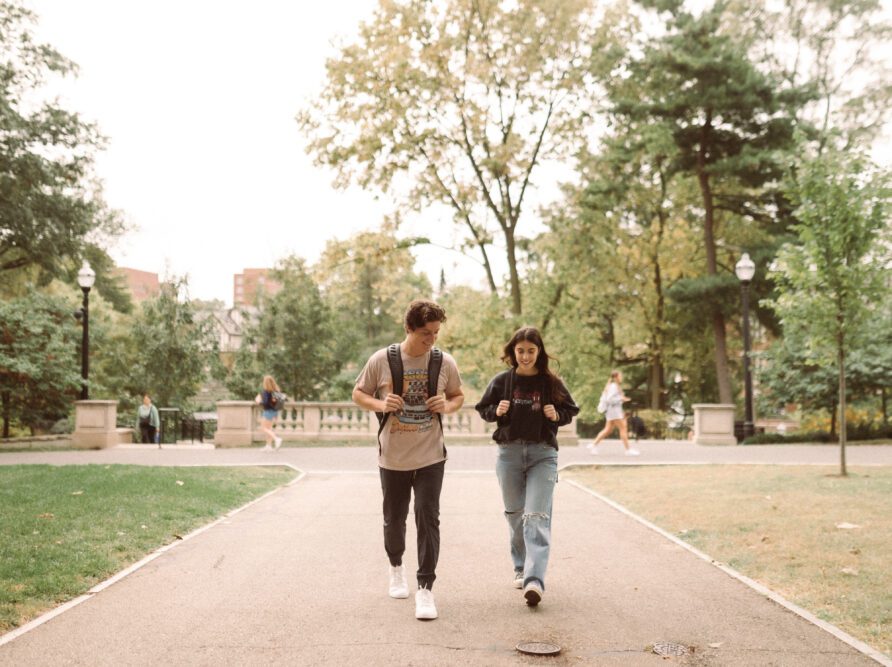 two students walking to thompson library on ohio states campus