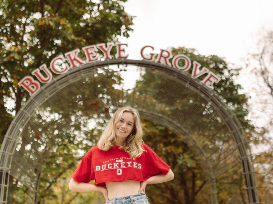 Girl in buckeye grove on west campus at ohio state