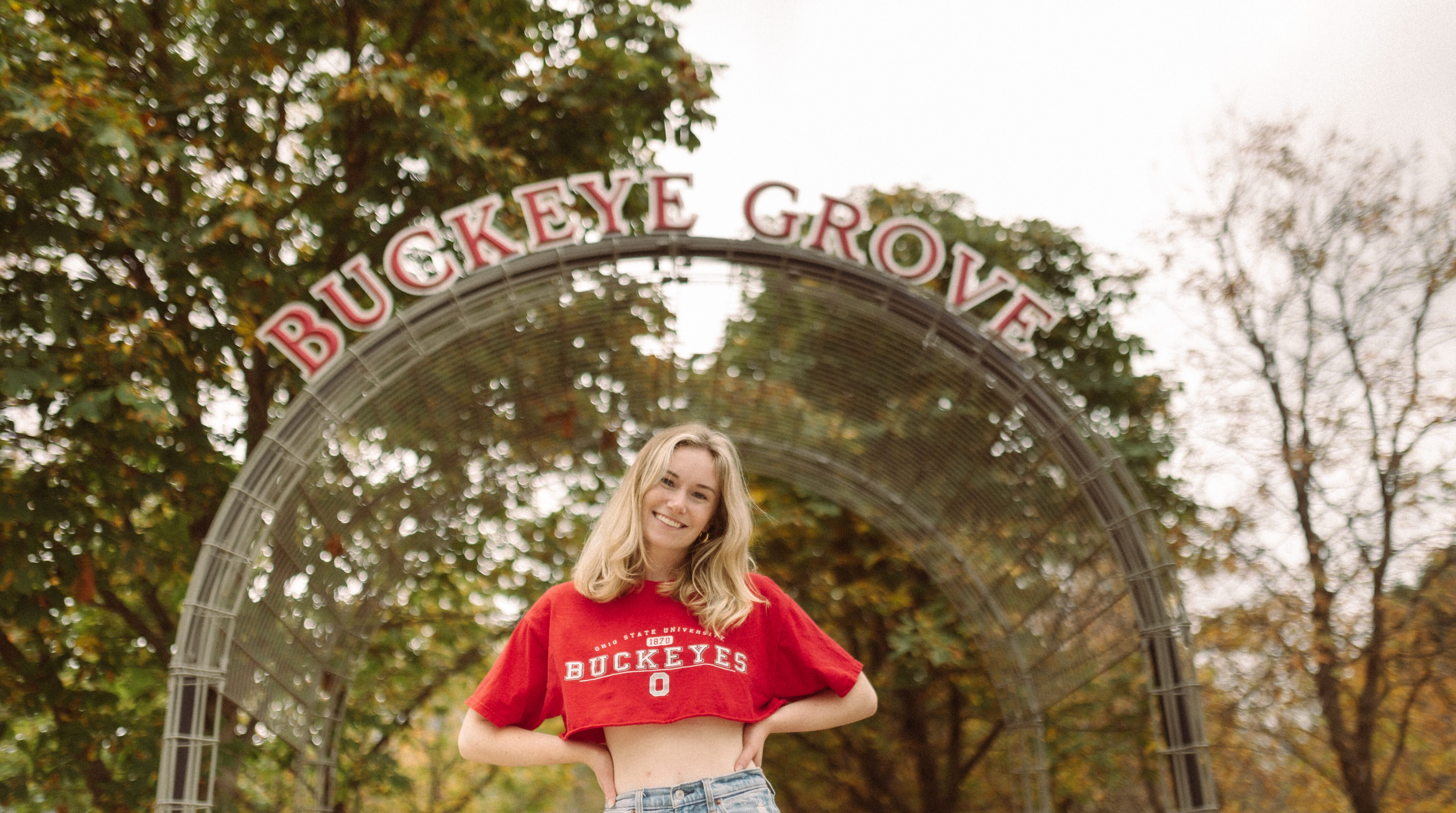 Girl in buckeye grove on west campus at ohio state