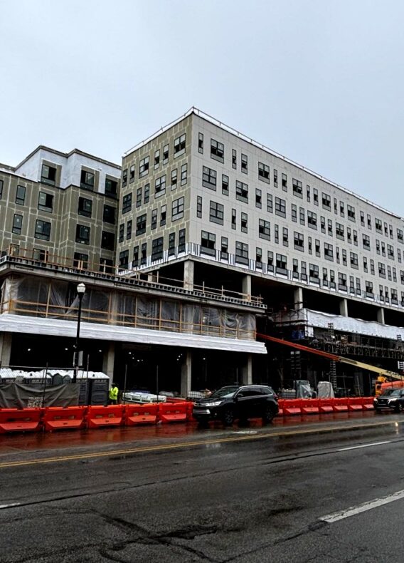 View of Rambler Columbus main entry and pool deck from southwest corner.