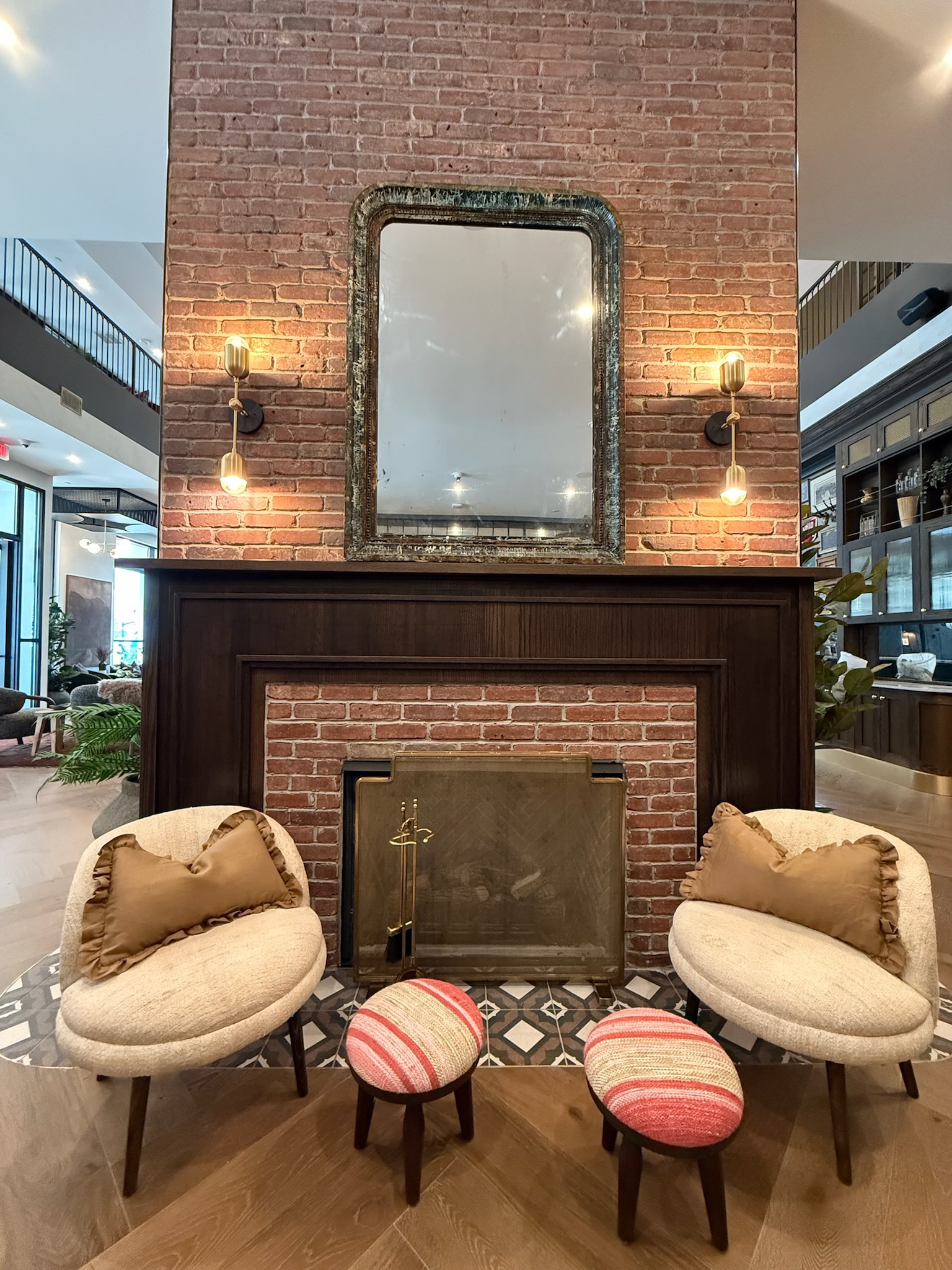 Fireplace in lobby of Rambler Columbus.
